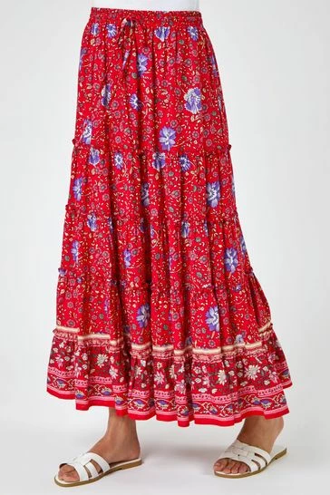 Roman Red Boho Floral Print Tiered Maxi Skirt 7 Roman Red Boho Floral Print Tiered Maxi Skirt - Image 5