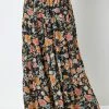 Roman Black Boho Floral Print Shirred Waist Maxi Skirt