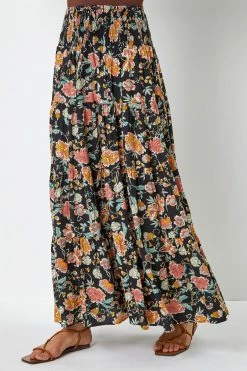 Roman Black Boho Floral Print Shirred Waist Maxi Skirt
