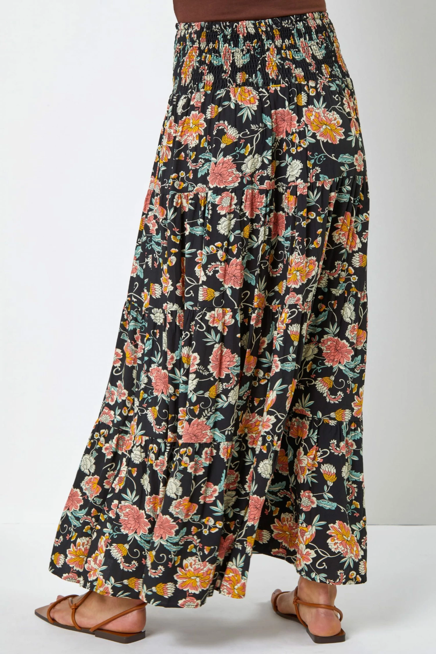Roman Black Boho Floral Print Shirred Waist Maxi Skirt 4 Roman Black Boho Floral Print Shirred Waist Maxi Skirt - Image 2