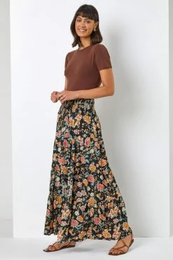 Roman Black Boho Floral Print Shirred Waist Maxi Skirt 9 Roman Black Boho Floral Print Shirred Waist Maxi Skirt -Roman Sales Shop unnamed file 10946