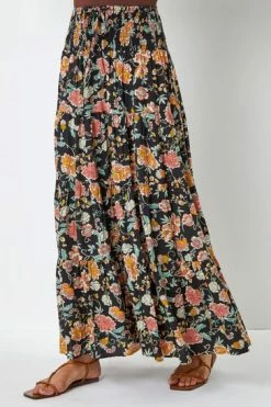 Roman Black Boho Floral Print Shirred Waist Maxi Skirt 11 Roman Black Boho Floral Print Shirred Waist Maxi Skirt -Roman Sales Shop unnamed file 10948