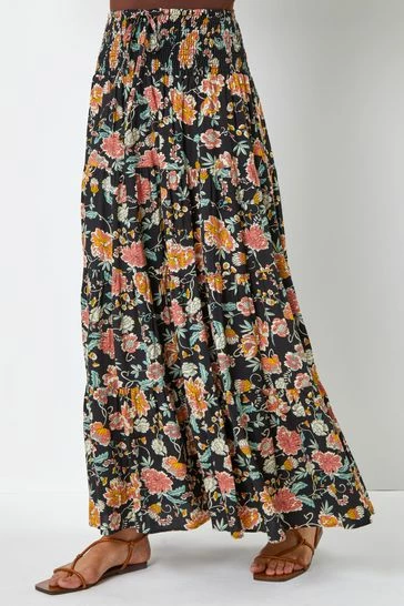 Roman Black Boho Floral Print Shirred Waist Maxi Skirt 7 Roman Black Boho Floral Print Shirred Waist Maxi Skirt - Image 5
