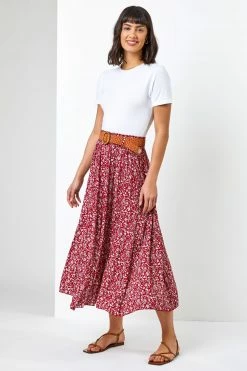 Roman Red Ditsy Floral Belted Midi Skirt -Roman Sales Shop unnamed file 10957
