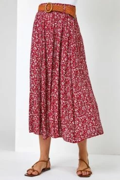 Roman Red Ditsy Floral Belted Midi Skirt -Roman Sales Shop unnamed file 10958