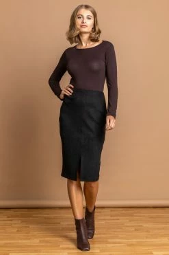 Roman Black Suedette Stretch Pencil Skirt