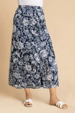 Roman Blue Floral Burnout Buttoned Midi Skirt