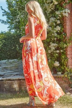 Roman Orange Floral Print Dipped Hem Midi Dress -Roman Sales Shop unnamed file 1099