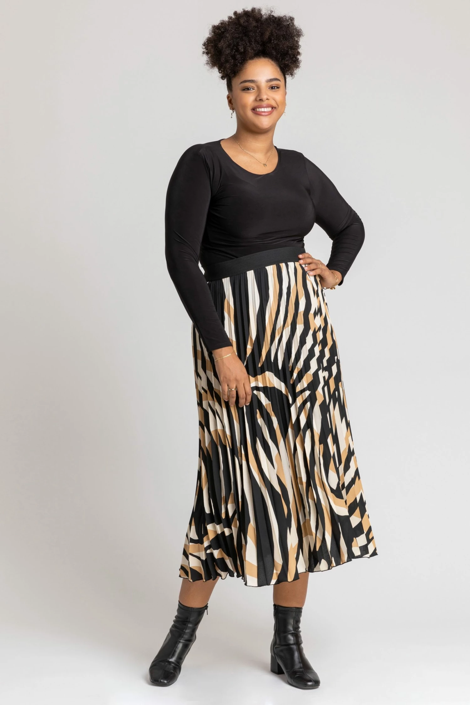 Roman Brown Curve Animal Print Pleated Midi Skirt 6 Roman Brown Curve Animal Print Pleated Midi Skirt - Image 4