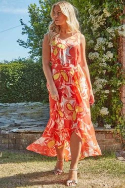Roman Orange Floral Print Dipped Hem Midi Dress -Roman Sales Shop unnamed file 1100