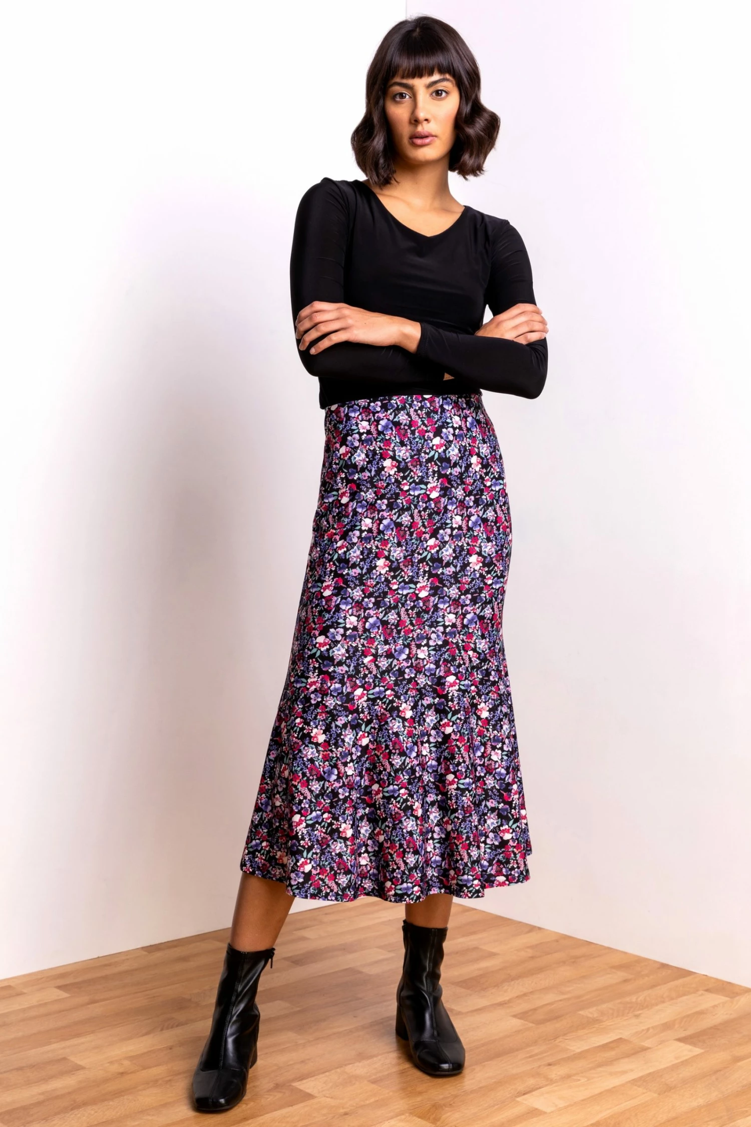 Roman Purple Floral Print Fluted Hem Midi Skirt 4 Roman Purple Floral Print Fluted Hem Midi Skirt - Image 2