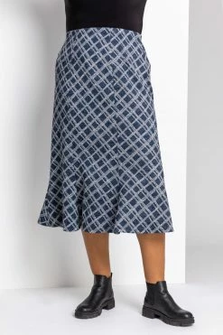 Roman Blue Curve Check Print Fluted Skirt