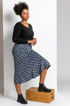 Roman Blue Curve Check Print Fluted Skirt -Roman Sales Shop unnamed file 11021