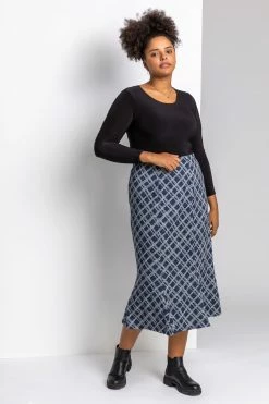 Roman Blue Curve Check Print Fluted Skirt -Roman Sales Shop unnamed file 11022