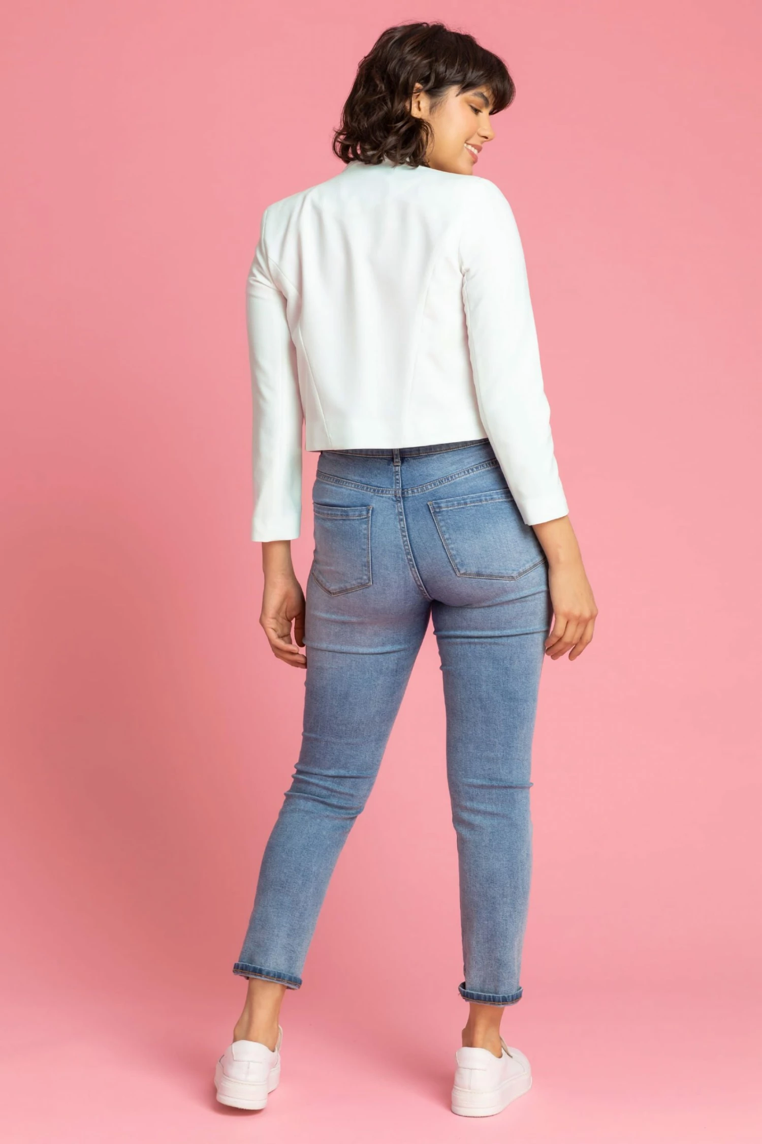 Roman White Cropped High Collar Crepe Jacket 4 Roman White Cropped High Collar Crepe Jacket - Image 2