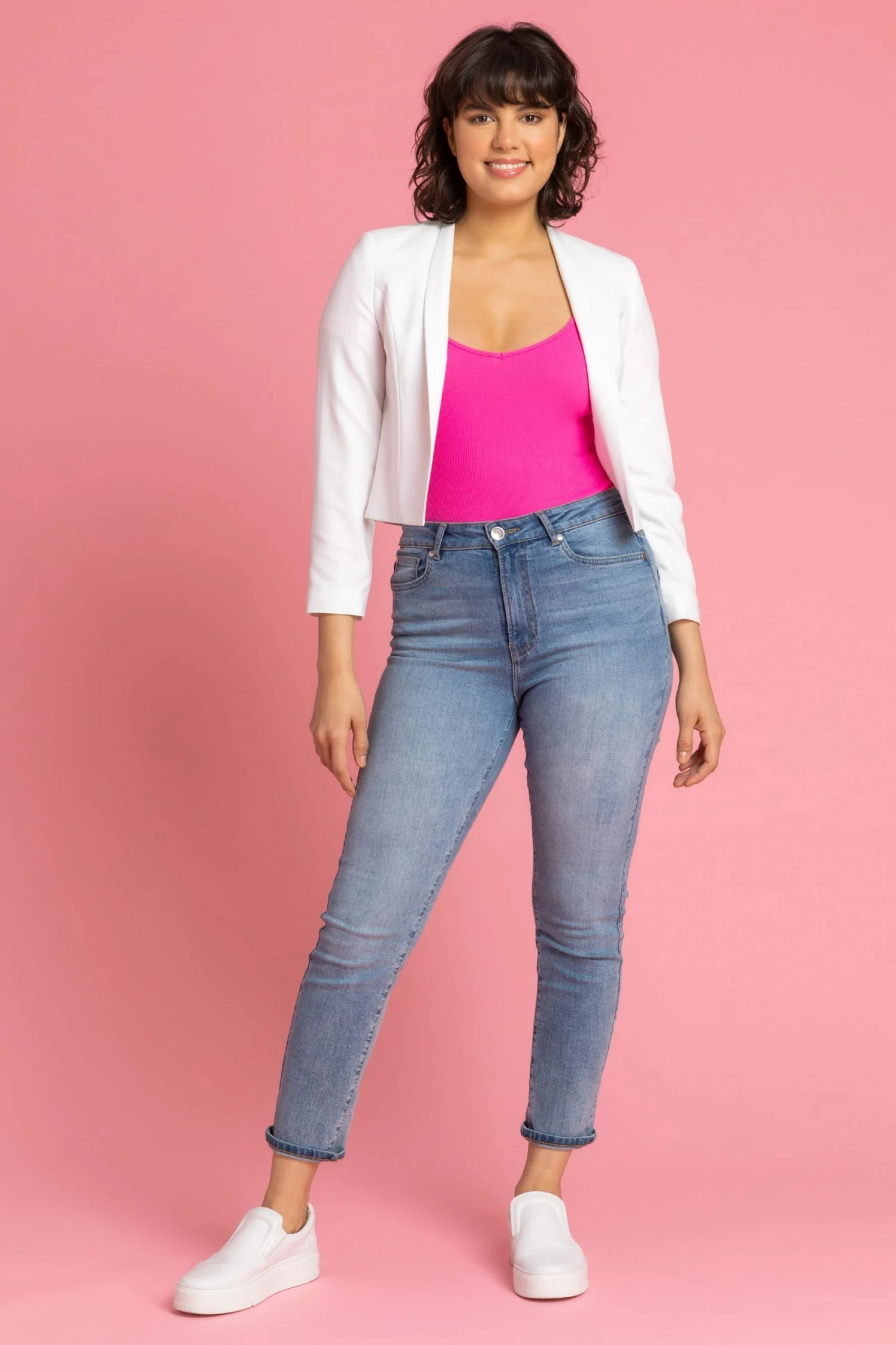 Roman White Cropped High Collar Crepe Jacket 5 Roman White Cropped High Collar Crepe Jacket - Image 3