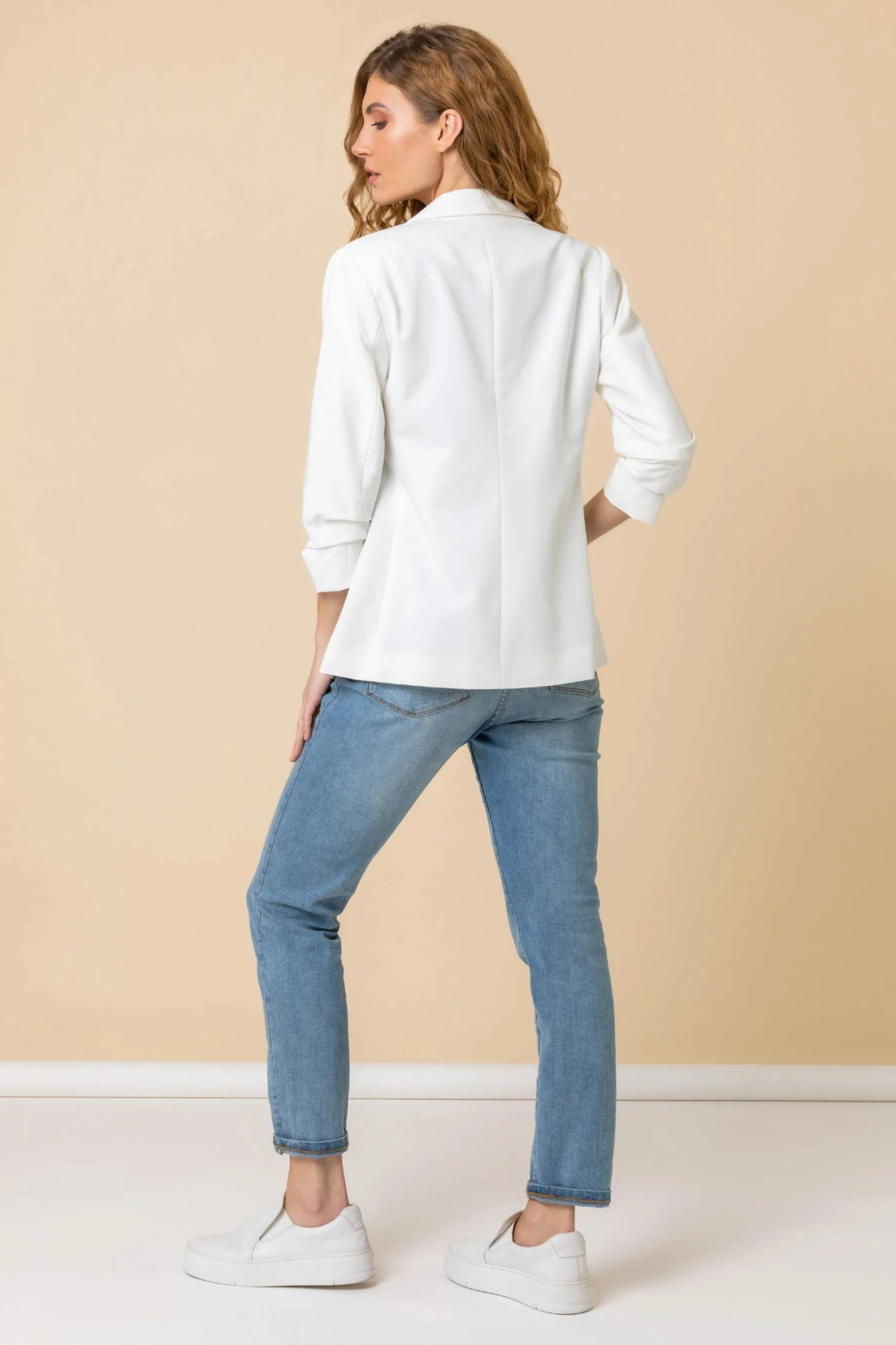 Roman White Ruched 3/4 Sleeve Blazer Jacket 4 Roman White Ruched 3/4 Sleeve Blazer Jacket - Image 2