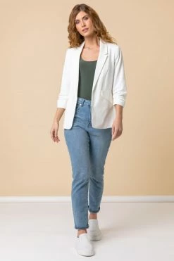 Roman White Ruched 3/4 Sleeve Blazer Jacket 9 Roman White Ruched 3/4 Sleeve Blazer Jacket -Roman Sales Shop unnamed file 11048