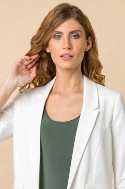 Roman White Ruched 3/4 Sleeve Blazer Jacket 10 Roman White Ruched 3/4 Sleeve Blazer Jacket -Roman Sales Shop unnamed file 11049