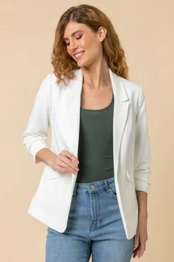 Roman White Ruched 3/4 Sleeve Blazer Jacket 11 Roman White Ruched 3/4 Sleeve Blazer Jacket -Roman Sales Shop unnamed file 11050