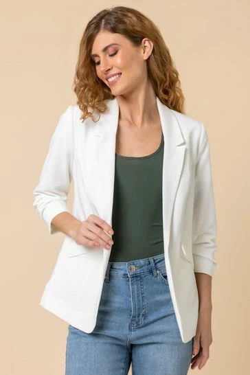 Roman White Ruched 3/4 Sleeve Blazer Jacket 7 Roman White Ruched 3/4 Sleeve Blazer Jacket - Image 5