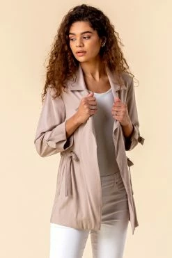 Roman Brown Tie Waist Longline Jacket