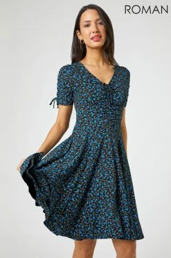 Roman Blue Ditsy Floral Print Ruched Tea Dress