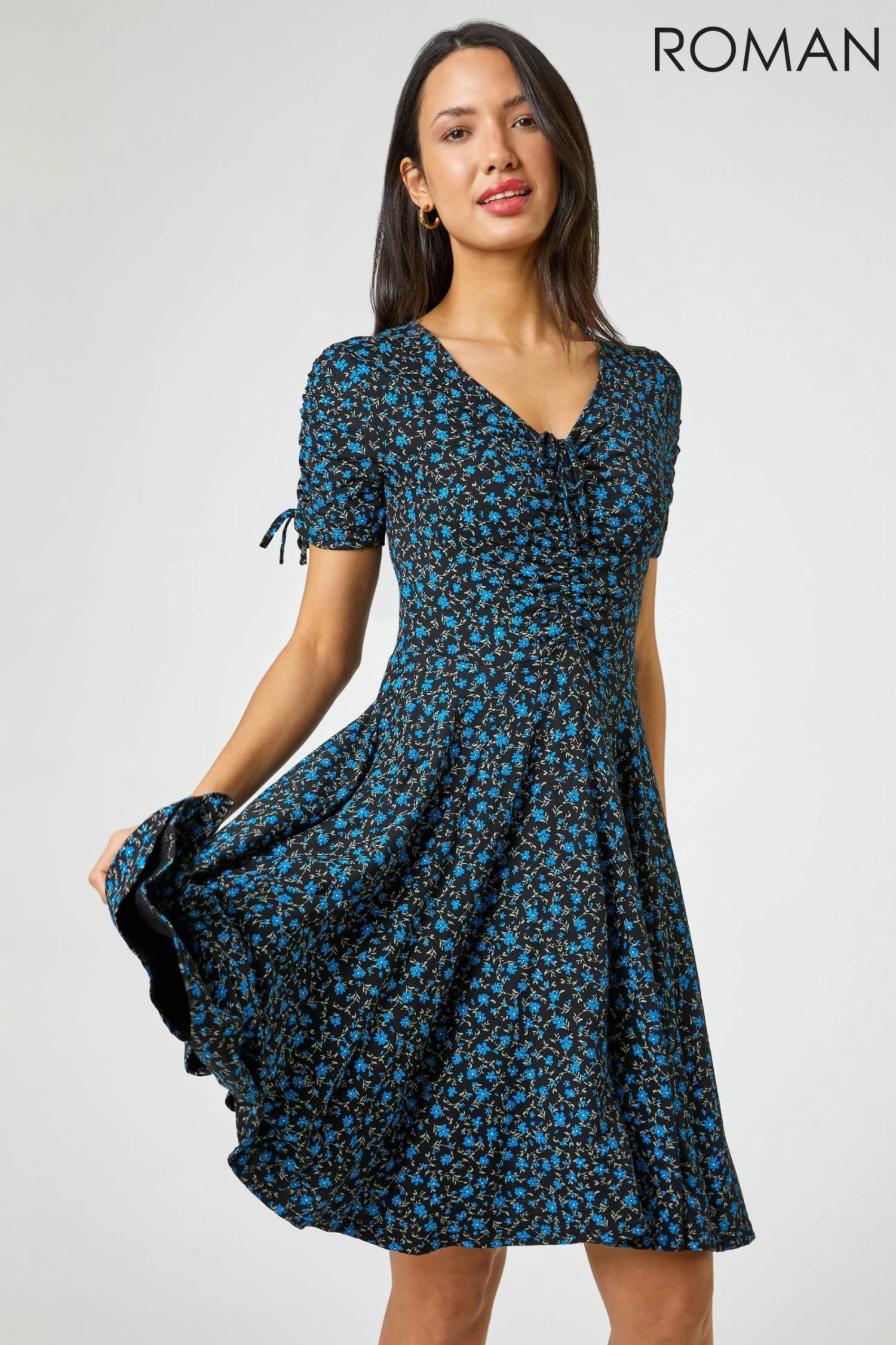 Roman Blue Ditsy Floral Print Ruched Tea Dress 3 Roman Blue Ditsy Floral Print Ruched Tea Dress