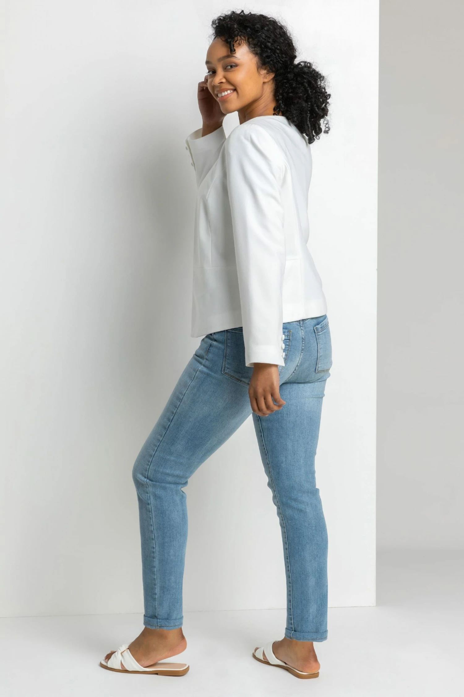 Roman White Petite Button Detail Textured Jacket 4 Roman White Petite Button Detail Textured Jacket - Image 2