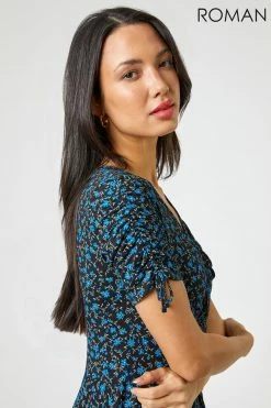 Roman Blue Ditsy Floral Print Ruched Tea Dress 10 Roman Blue Ditsy Floral Print Ruched Tea Dress -Roman Sales Shop unnamed file 1117