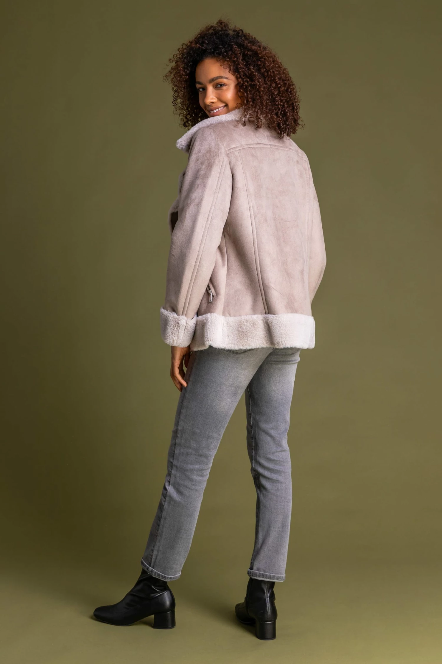 Roman Camel Faux Fur Lined Zip Detail Biker Jacket 4 Roman Camel Faux Fur Lined Zip Detail Biker Jacket - Image 2