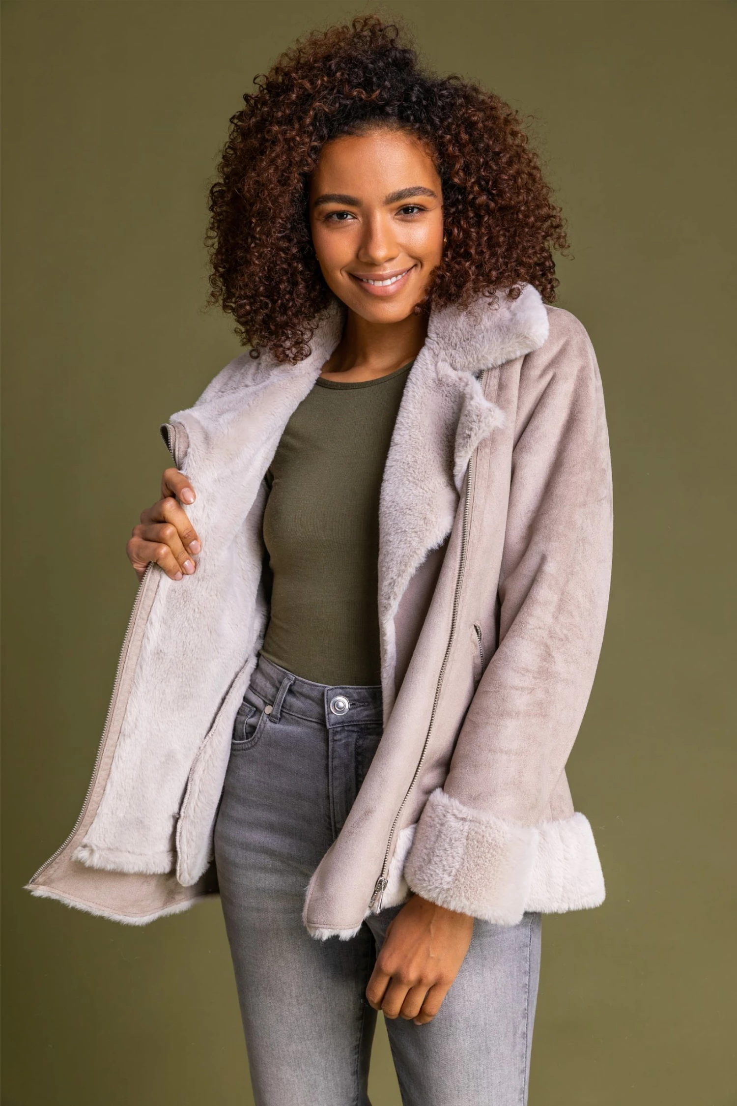 Roman Camel Faux Fur Lined Zip Detail Biker Jacket 7 Roman Camel Faux Fur Lined Zip Detail Biker Jacket - Image 5