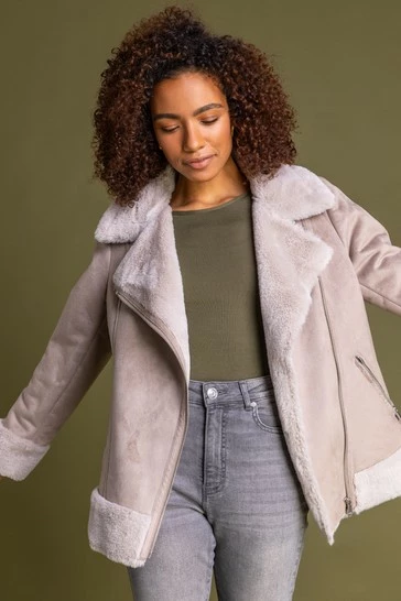 Roman Camel Faux Fur Lined Zip Detail Biker Jacket 8 Roman Camel Faux Fur Lined Zip Detail Biker Jacket - Image 6