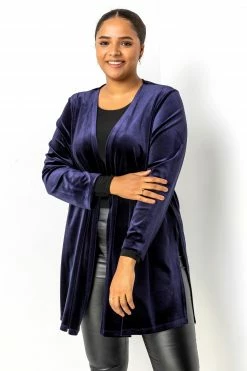Roman Blue Curve Velvet Longline Kimono Jacket