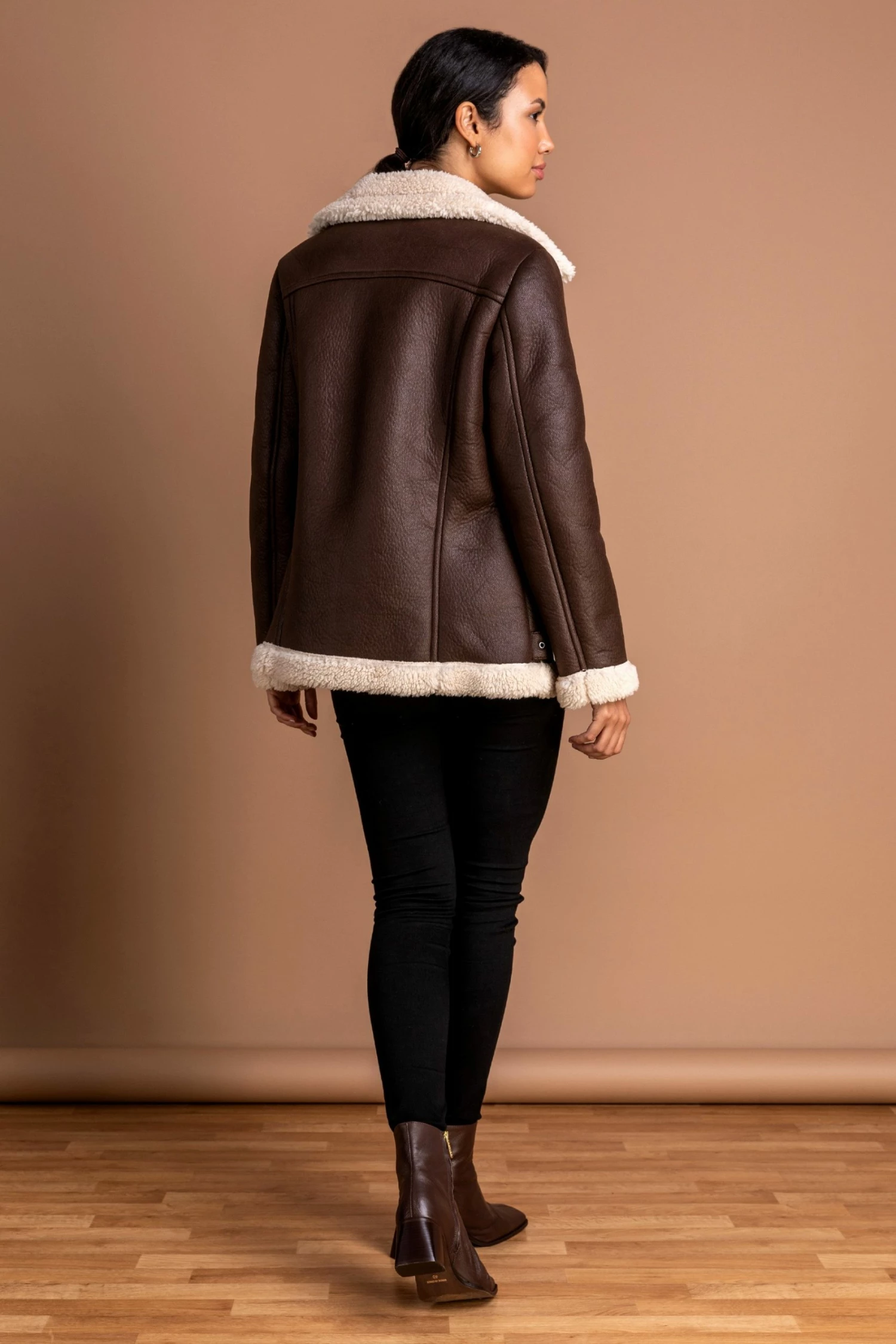 Roman Brown Faux Fur Lined Zip Detail Aviator Jacket 4 Roman Brown Faux Fur Lined Zip Detail Aviator Jacket - Image 2