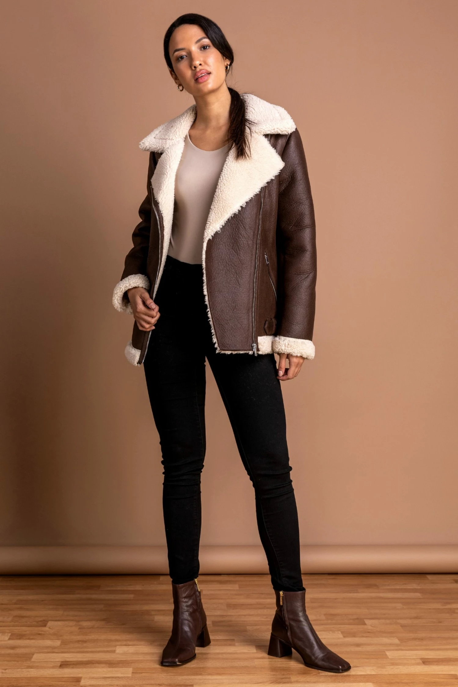 Roman Brown Faux Fur Lined Zip Detail Aviator Jacket 5 Roman Brown Faux Fur Lined Zip Detail Aviator Jacket - Image 3