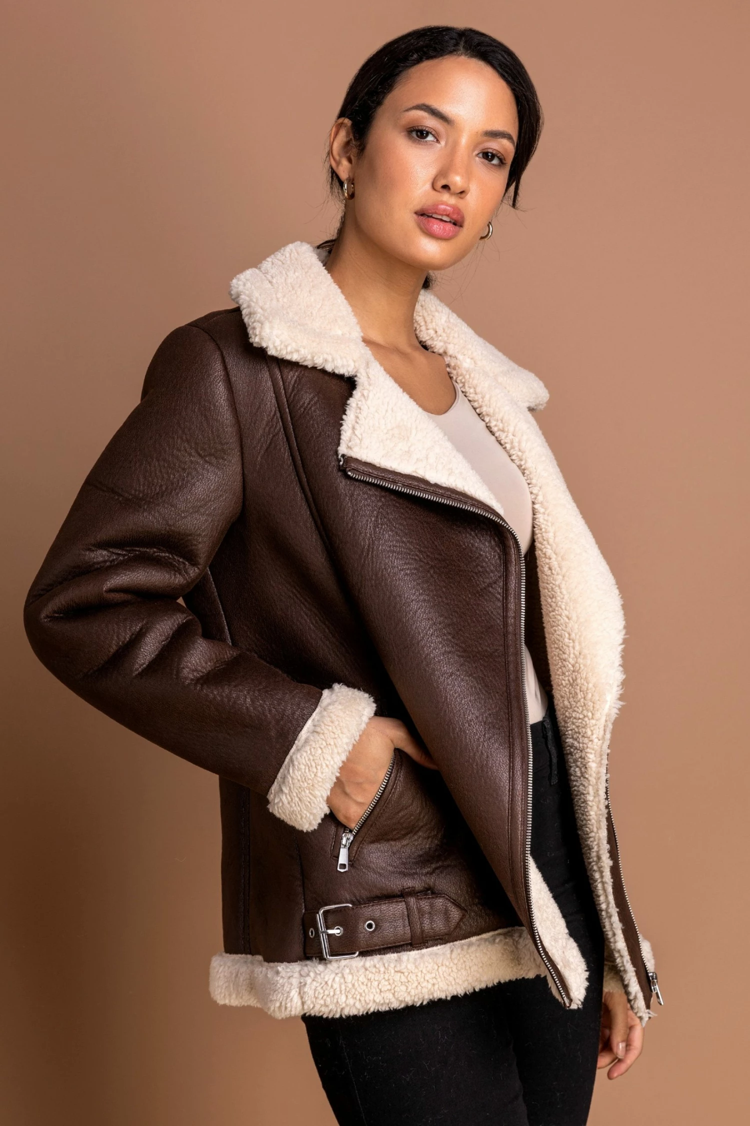 Roman Brown Faux Fur Lined Zip Detail Aviator Jacket 6 Roman Brown Faux Fur Lined Zip Detail Aviator Jacket - Image 4