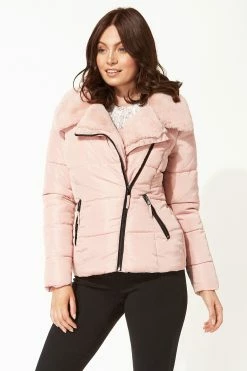 Roman Pink Faux Fur Collar Padded Biker Coat