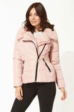 Roman Pink Faux Fur Collar Padded Biker Coat -Roman Sales Shop unnamed file 11254