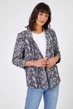 Roman Grey Animal Print Ruched Sleeve Blazer Jacket