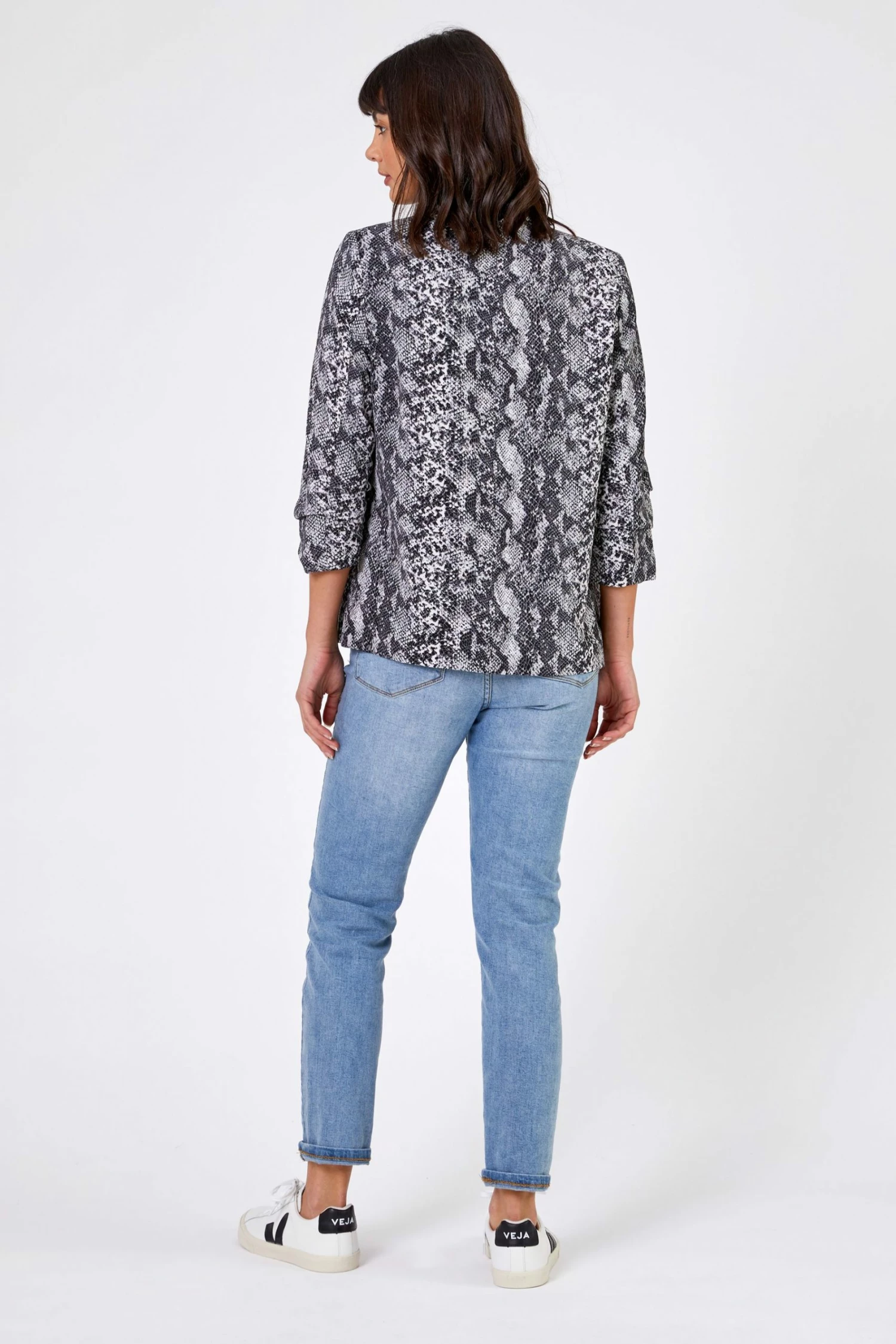 Roman Grey Animal Print Ruched Sleeve Blazer Jacket 4 Roman Grey Animal Print Ruched Sleeve Blazer Jacket - Image 2