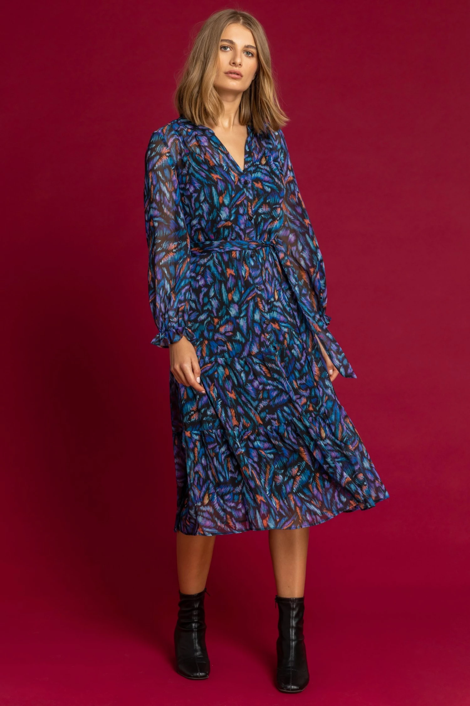 Roman Black Abstract Print Button Through Tiered Dress 4 Roman Black Abstract Print Button Through Tiered Dress - Image 2