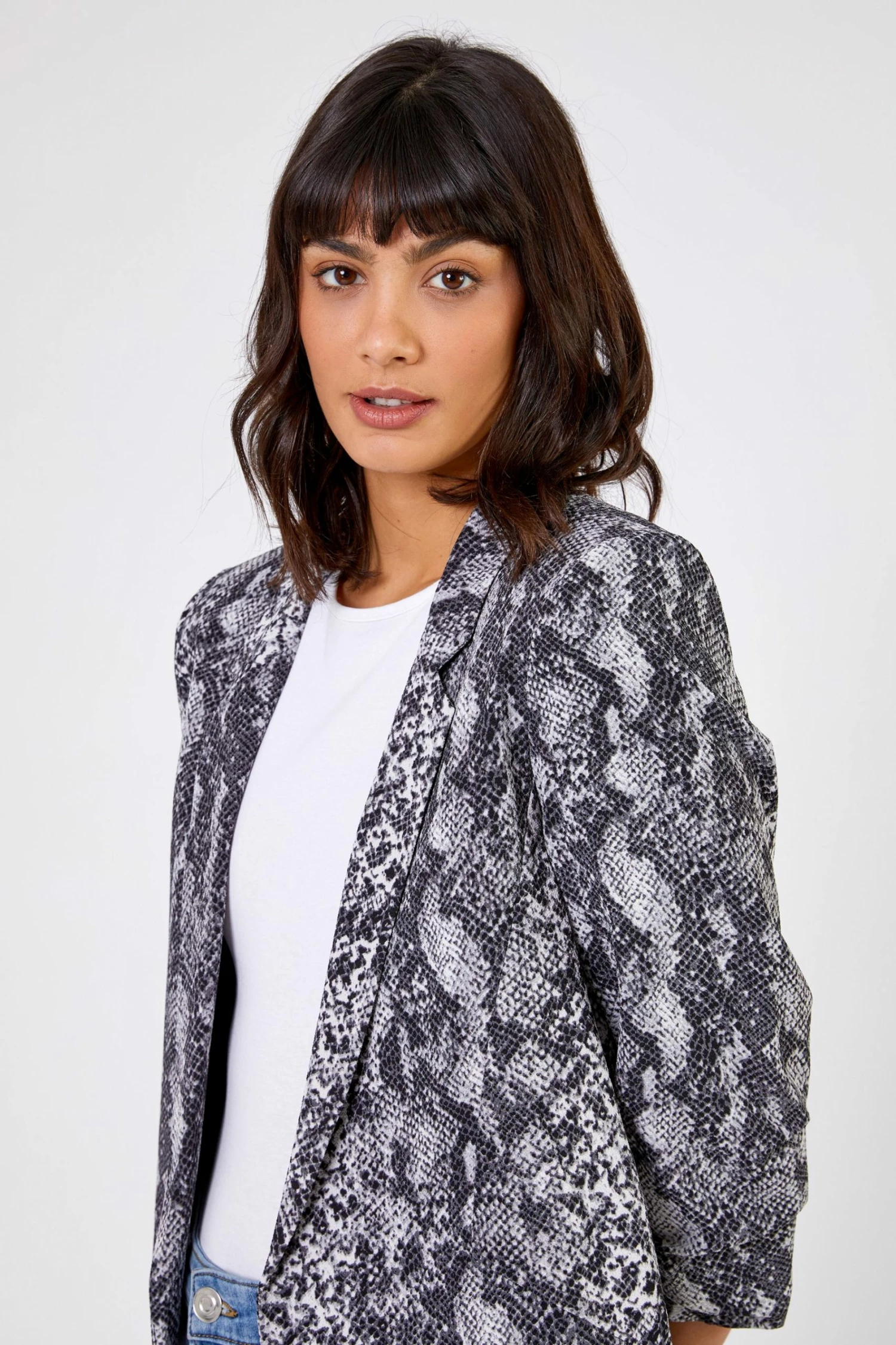 Roman Grey Animal Print Ruched Sleeve Blazer Jacket 6 Roman Grey Animal Print Ruched Sleeve Blazer Jacket - Image 4