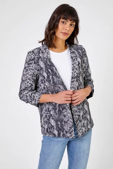 Roman Grey Animal Print Ruched Sleeve Blazer Jacket 7 Roman Grey Animal Print Ruched Sleeve Blazer Jacket - Image 5