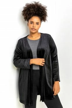 Roman Black Curve Velvet Longline Kimono Jacket