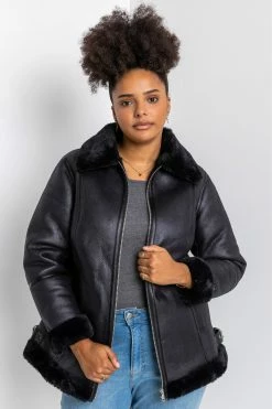 Roman Black Curve Faux Fur Lined Aviator Jacket