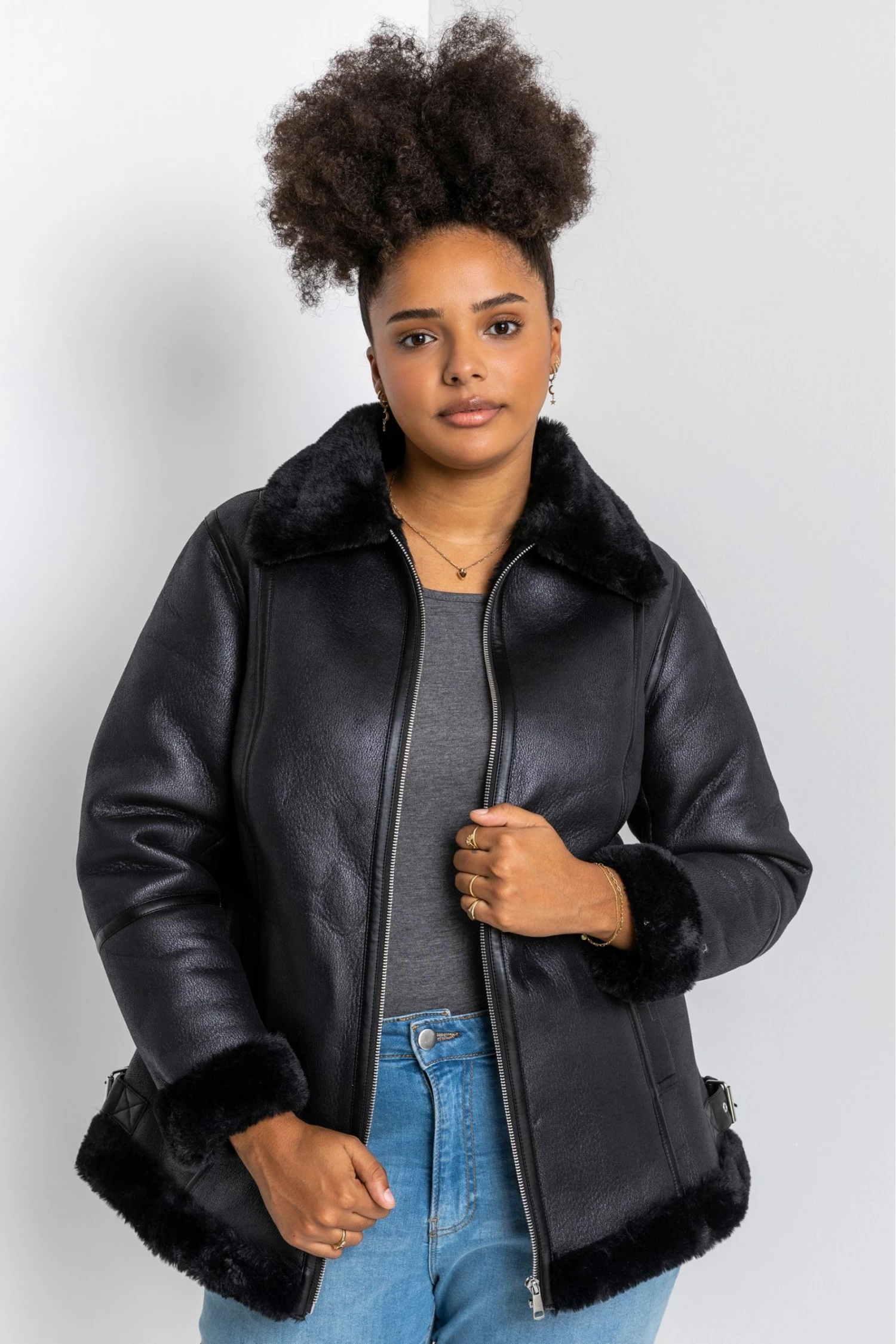 Roman Black Curve Faux Fur Lined Aviator Jacket 3 Roman Black Curve Faux Fur Lined Aviator Jacket