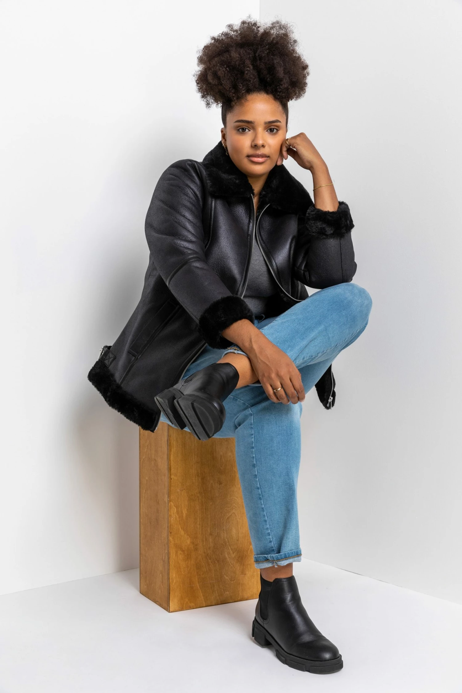 Roman Black Curve Faux Fur Lined Aviator Jacket 4 Roman Black Curve Faux Fur Lined Aviator Jacket - Image 2