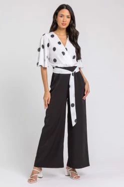 Roman Black Spot Print Wide Leg Wrap Jumpsuit