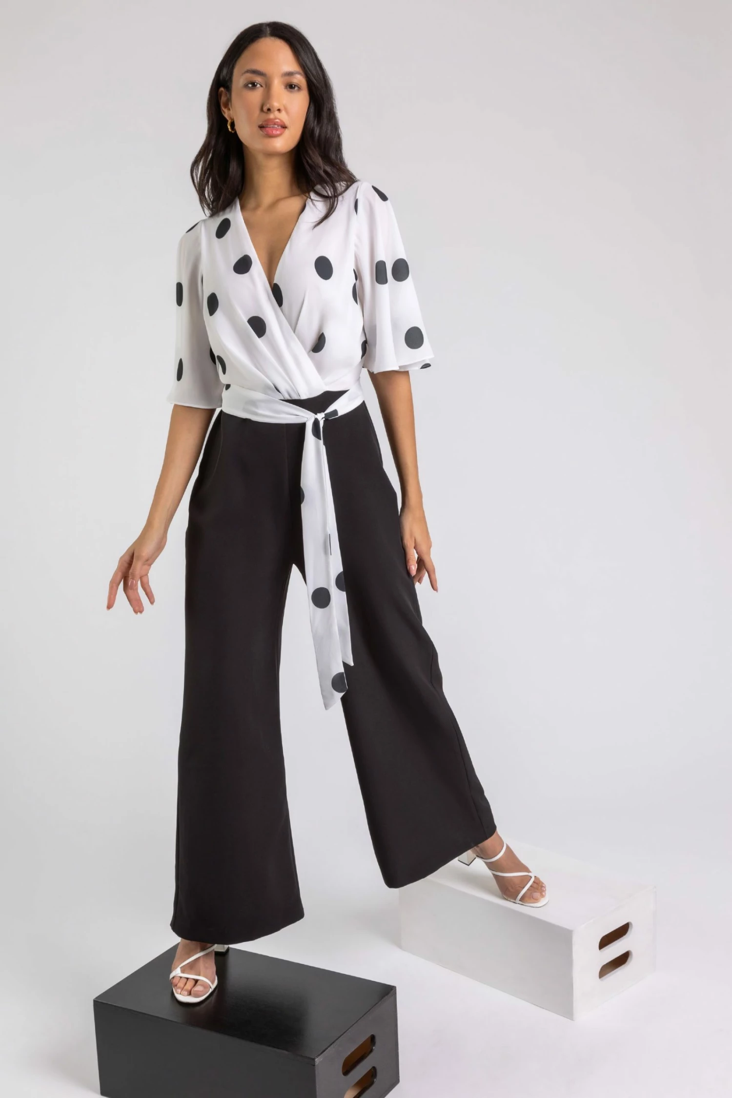 Roman Black Spot Print Wide Leg Wrap Jumpsuit 4 Roman Black Spot Print Wide Leg Wrap Jumpsuit - Image 3